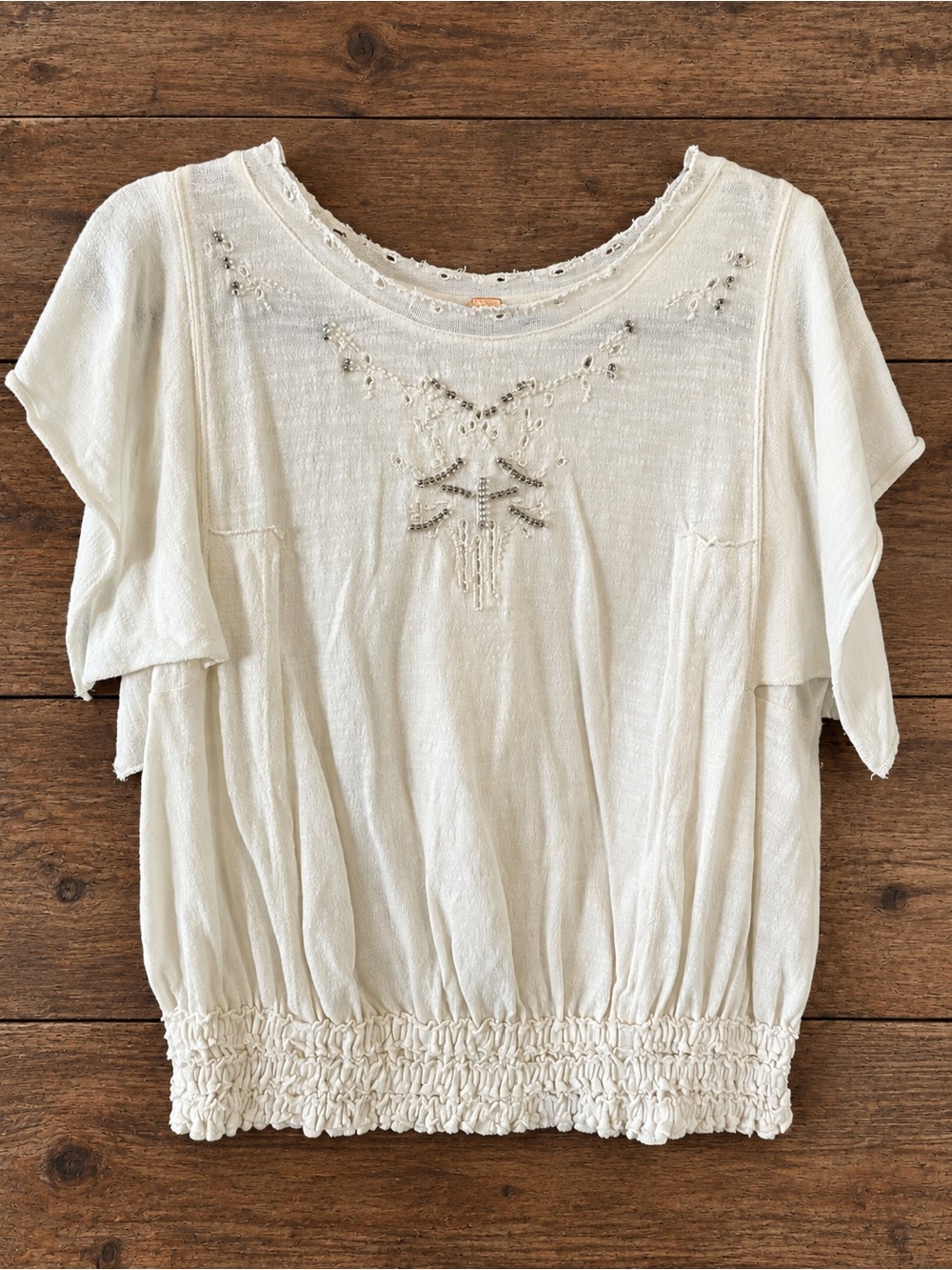 Free People Ivory Beaded Embroidered Smocked Boho Top Size S